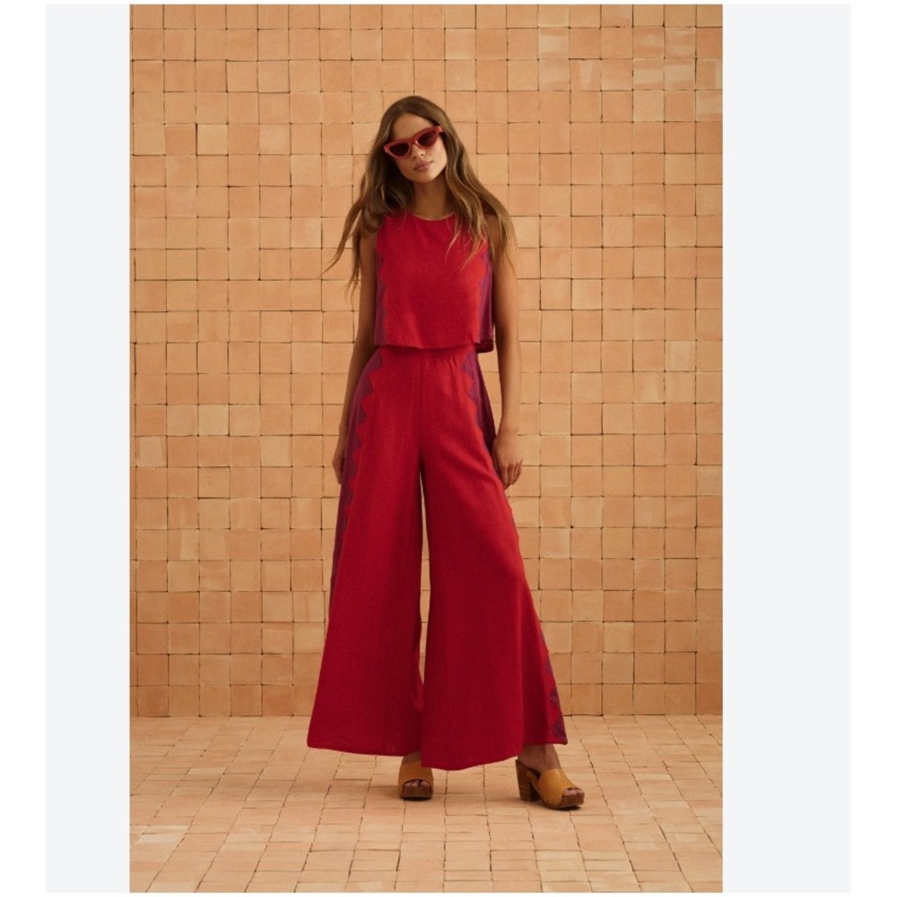 Mister Zimi Charlie Jumpsuit Foxglove Rosa Red Purple Ric Rac Wide Leg Boho US 2